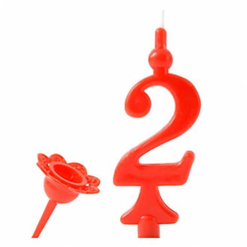 Vela Número Color Rojo 2 + Soporte 25 u.