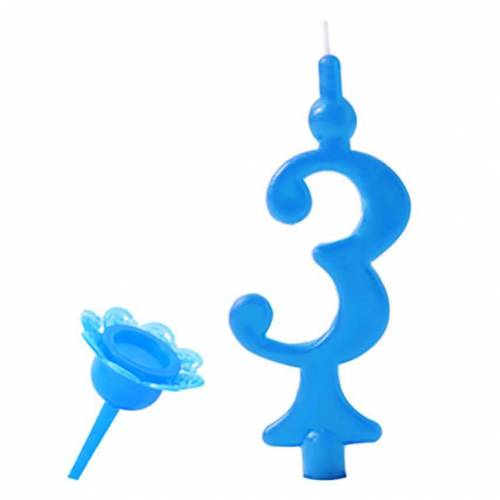 Vela Número Color Celeste 3 + Soporte... Vela Número Color Celeste 3 + Soporte...