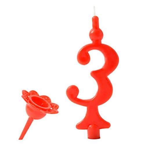 Vela Número Color Rojo 3 + Soporte 25 u.