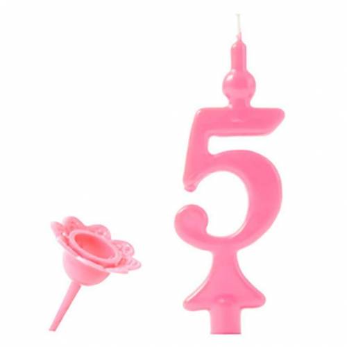 Vela Número Color Rosa 5 + Soporte 25 u.