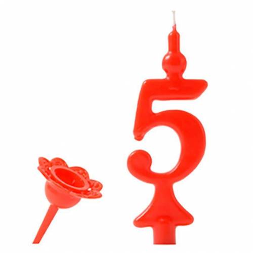 Vela Número Color Rojo 5 + Soporte 25 u.